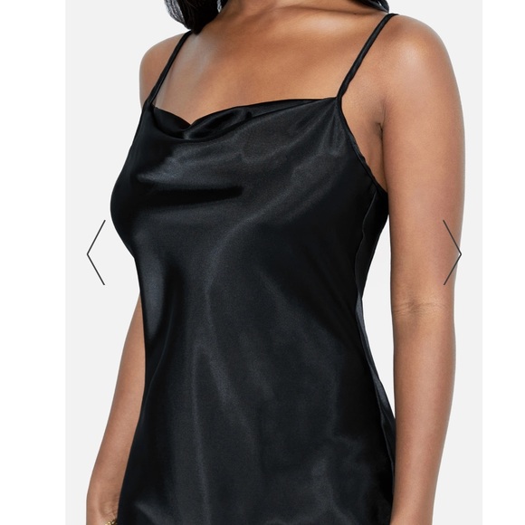 BEBE: LBD Satin Bodycon Cowl Neck Slip Dress - Picture 2 of 15